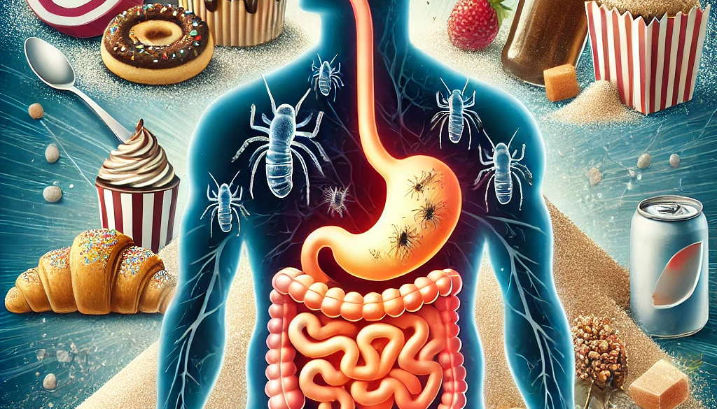 DALL·E 2024-10-06 10.23.20 - A graphic image showing a silhouette of a human body with a focus on the digestive system, highlighting parasites thriving in an area where sugar is p