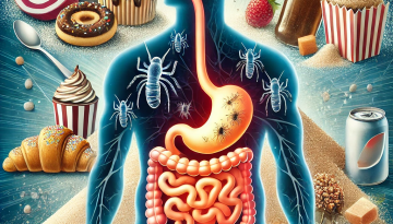 DALL·E 2024-10-06 10.23.20 - A graphic image showing a silhouette of a human body with a focus on the digestive system, highlighting parasites thriving in an area where sugar is p