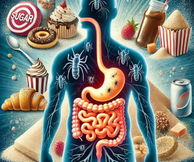 DALL·E 2024-10-06 10.23.20 - A graphic image showing a silhouette of a human body with a focus on the digestive system, highlighting parasites thriving in an area where sugar is p