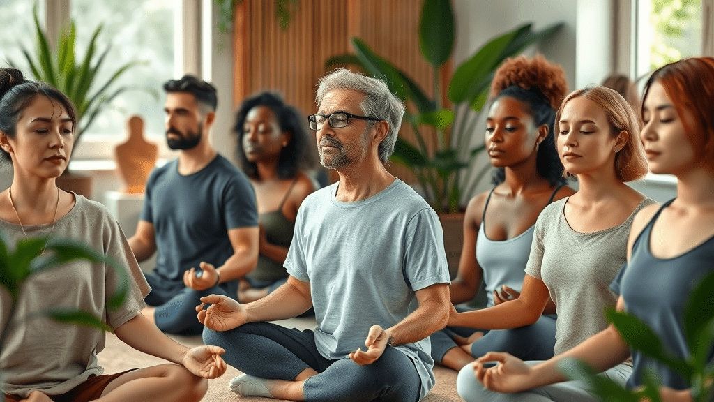 Group wellness session meditating demonstrating holistic healing approach
