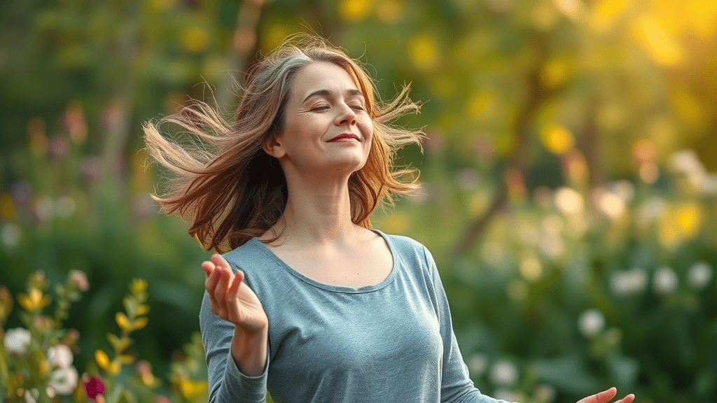 Peaceful woman practicing mindfulness showing emotional wellbeing in holistic healing approach