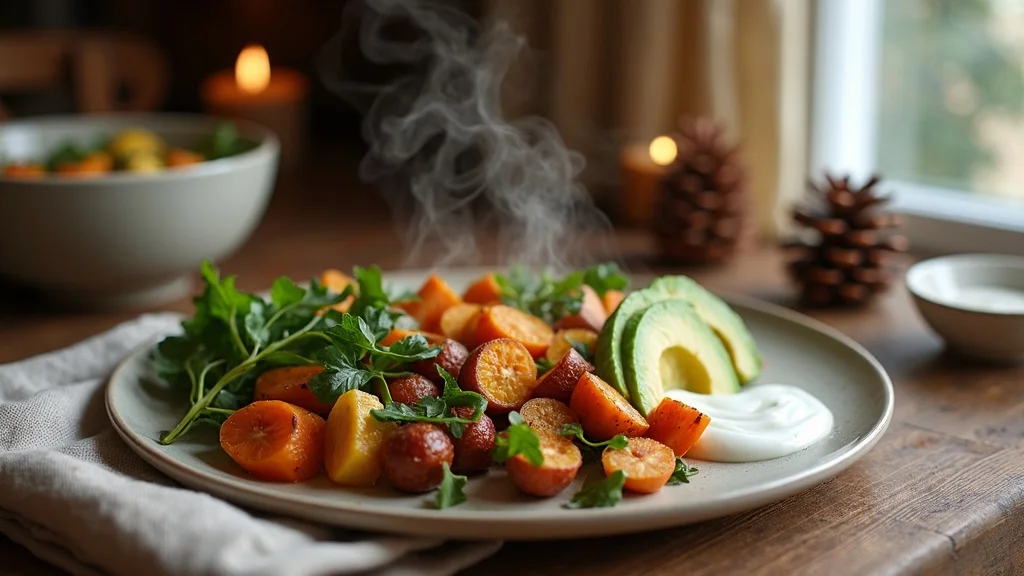 Balanced winter plate with roasted root vegetables, leafy greens, avocado, and Greek yogurt for winter health.