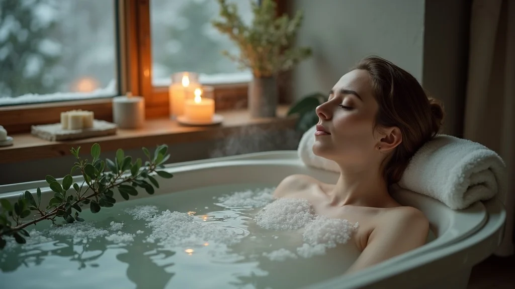 Cozy winter self-care with a mineral-rich hot bath, sea salt, and essential oils for winter wellness.