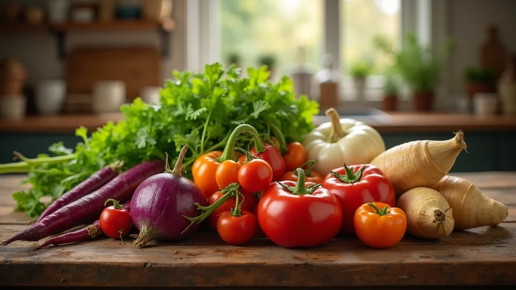 Vibrant assortment of root vegetables and leafy greens for best foods for winter health, displayed on a rustic kitchen table, with fresh produce and earthy textures.