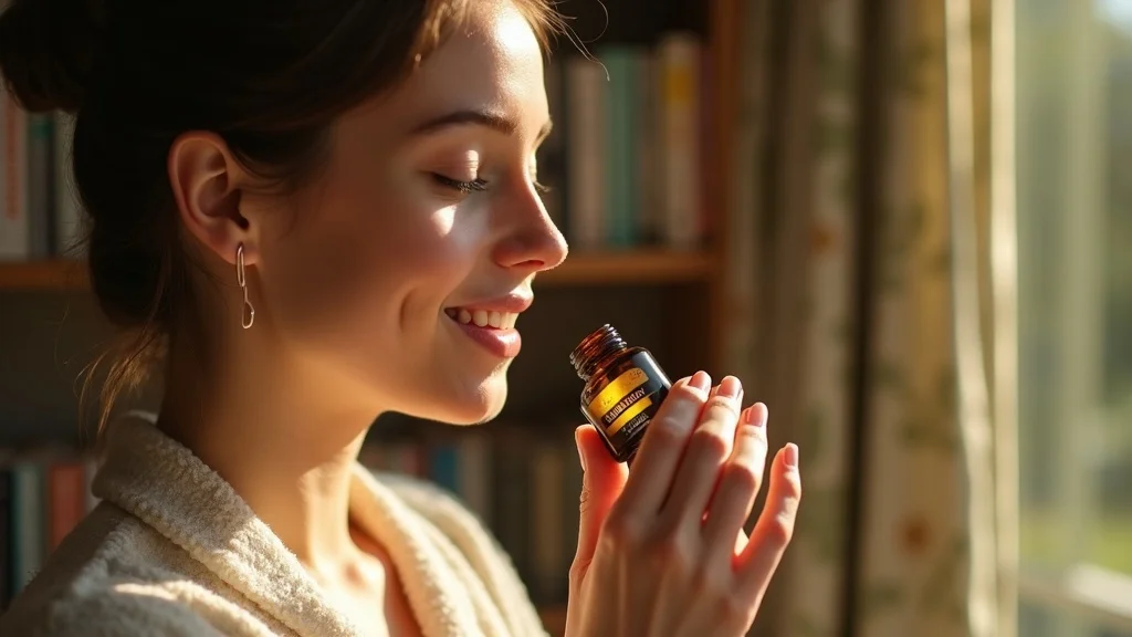 Reflective scene as a person contemplates how essential oils influence our emotions and mental well-being, thoughtfully smelling an essential oil blend in a cozy, sunlit wellness nook.