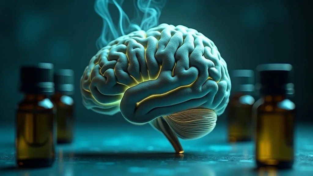 Detailed illustration showing how essential oils influence our emotions and mental well-being through activation of brain paths, with essential oil bottles and aromatic vapor connecting to the brain.