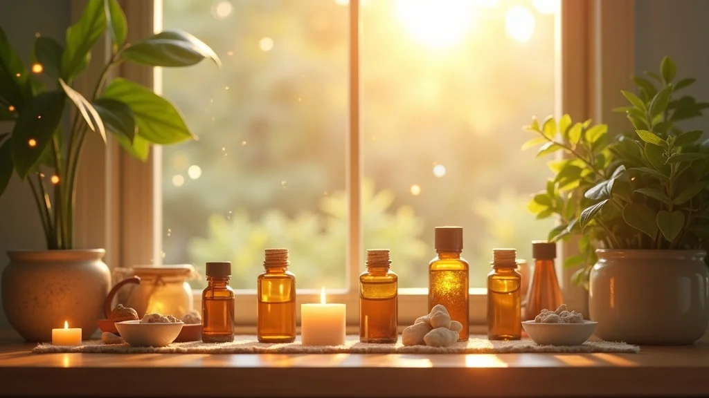 Home wellness altar with essential oils, symbolizing how essential oils influence our emotions and mental well-being, with natural light and peaceful green plants.