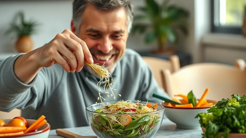 Smiling adult adds sprouts to a colorful salad at home, representing daily sprouting for life rituals, vibrant veggies and cozy kitchen