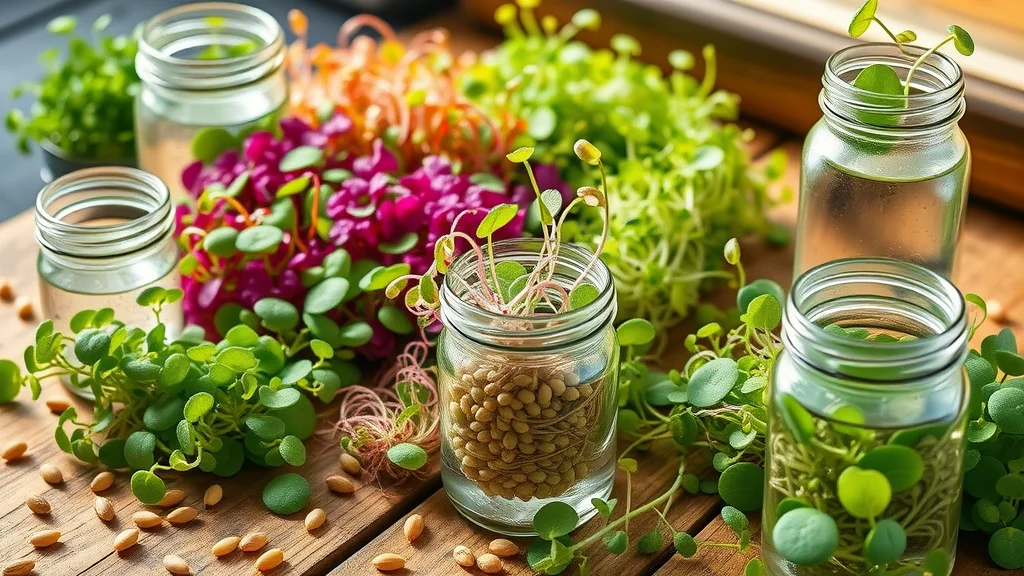 Colorful assortment of microgreens and sprouts on a rustic wooden table, dewdrops and jars of water, showcasing nutritious food freshness for sprouting for life