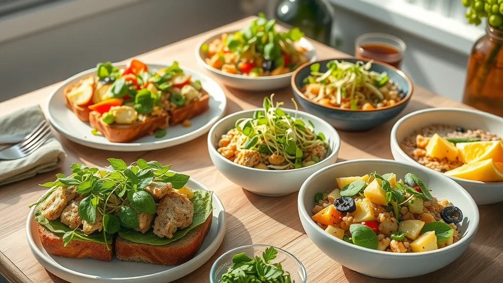 Bright open sandwiches and salads topped with fresh sprouts and microgreens, inviting nutritious food meal ideas for sprouting for life