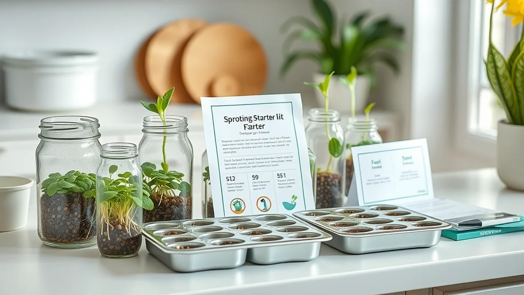 Sprouting starter kit with jars, trays, seed packets, and sprouts at various stages, organized for easy nutritious food sprouting at home