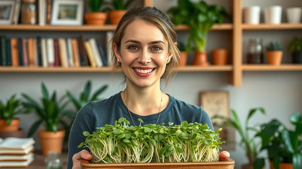 Portrait of wellness expert Doug Evans holding a tray of vibrant sprouts, surrounded by books and kitchen plants, representing sprouting for life advocacy