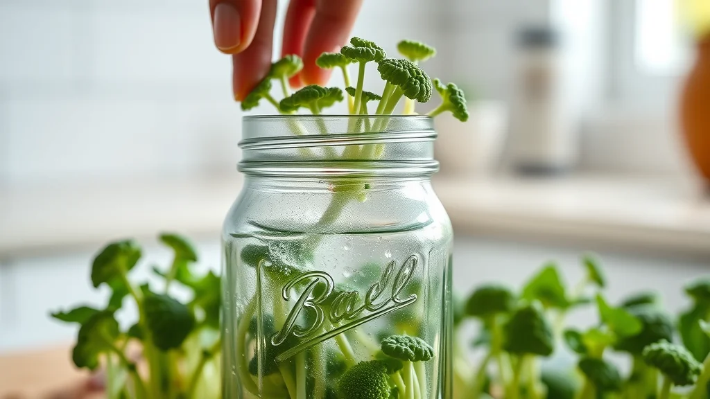 Broccoli sprouts in a glass sprouting jar tipped over to drain, crisp lifelike textures and condensation, demonstrating at-home nutritious food sprouting for life