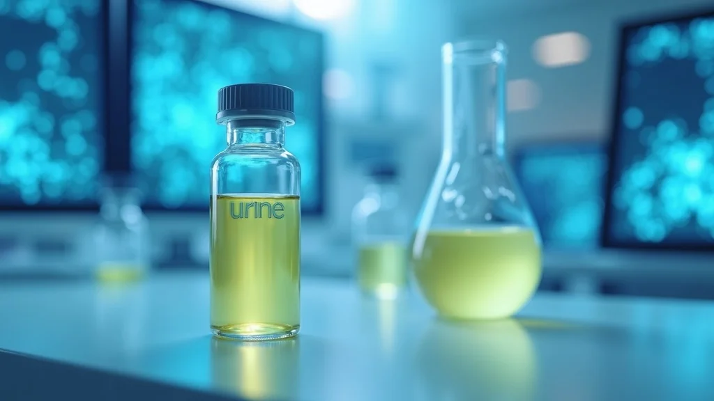 Glass vial of human urine in a clinical laboratory with molecule diagrams