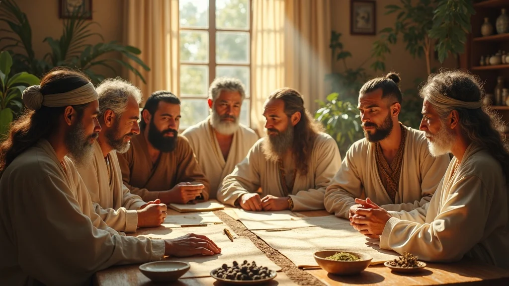 Diverse group of ancient healers discussing urine therapy practices