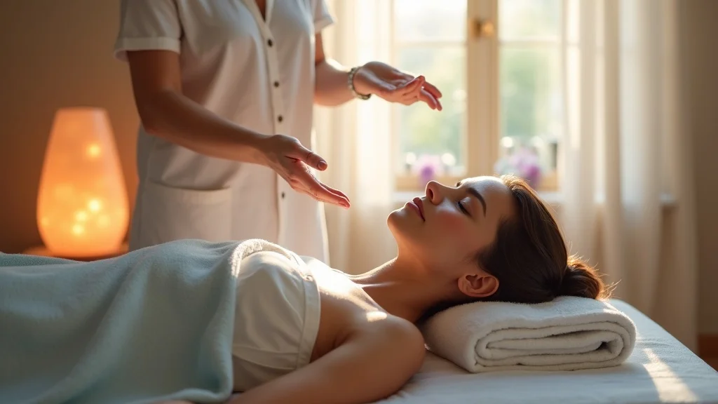 Serene holistic therapy room depicting a practitioner performing gentle healing touch over a relaxed client as part of holistic healing.