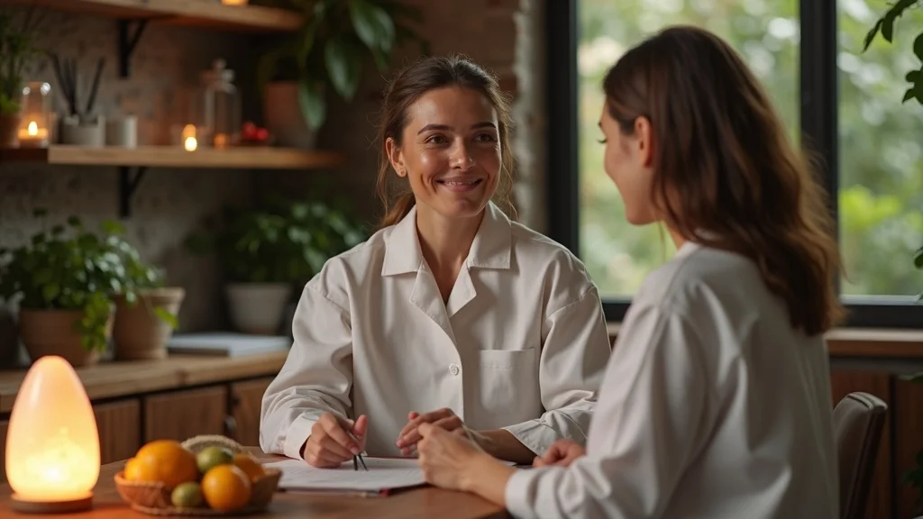 Holistic medicine practitioner listening to patient in a wellness clinic