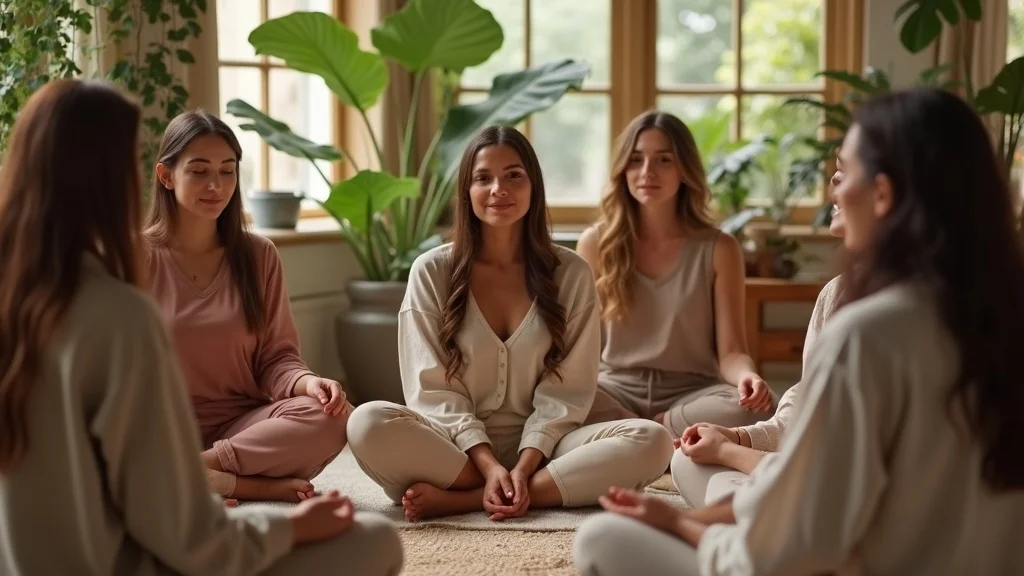 Inviting group of diverse individuals in a relaxed holistic wellness studio expressing calm curiosity, seated in a loose circle in a plant-filled, cozy environment.