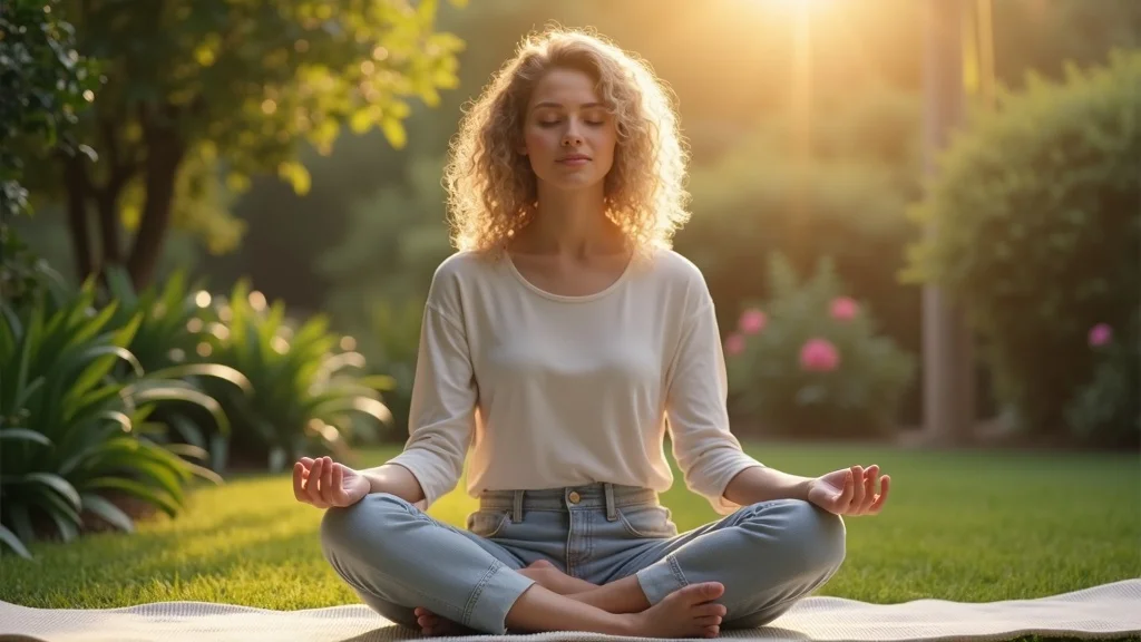 Calm individual meditating outdoors cross-legged in a tranquil garden illustrating body-mind-spirit connection, embodying holistic healing.