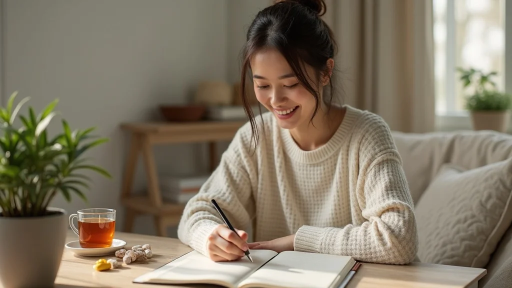 Empowered patient journaling holistic healing goals in cozy home