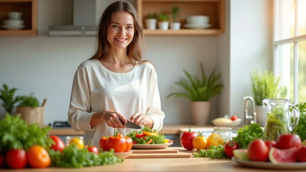 Modern kitchen with healthy fruits and vegetables showing a person preparing a salad, representing nutrition and detoxification in holistic healing practice.