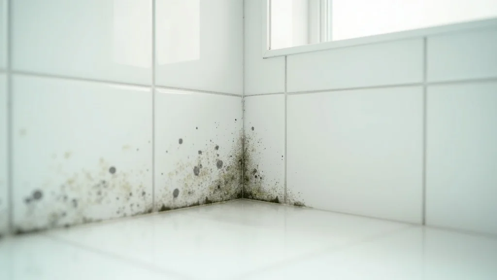 Subtle household mold exposure in bathroom corner, showing mold growth, condensation, and the link to health risks