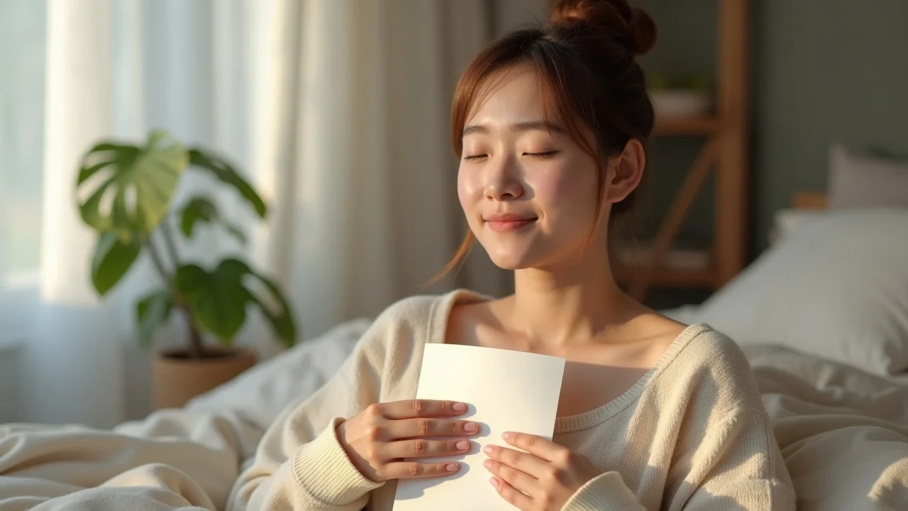 Person holding journal to chest, peaceful relief after emotional journaling, soft pastel bedroom lighting, symbolizing health journaling’s benefits.