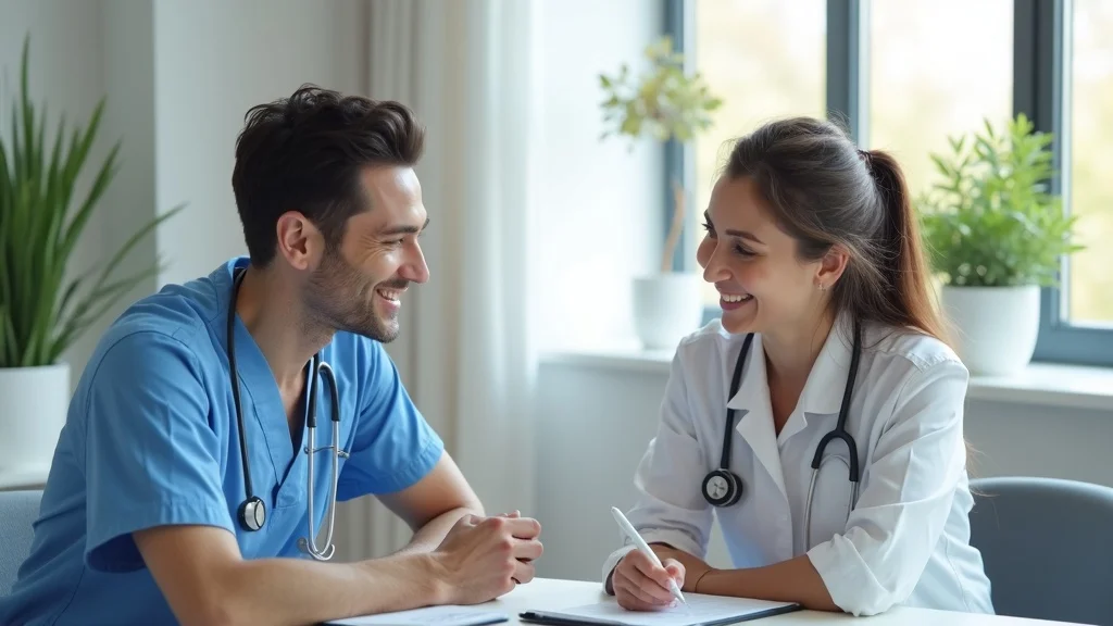 Professional wellness consultation scene, showing a healthcare provider advising a patient on internal balance, with greenery and natural light in a clinical office