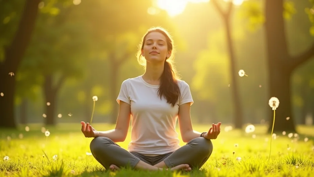 natural healing - Woman meditating outdoors, stress reduction, sunlit natural park, photorealistic, tranquil mood