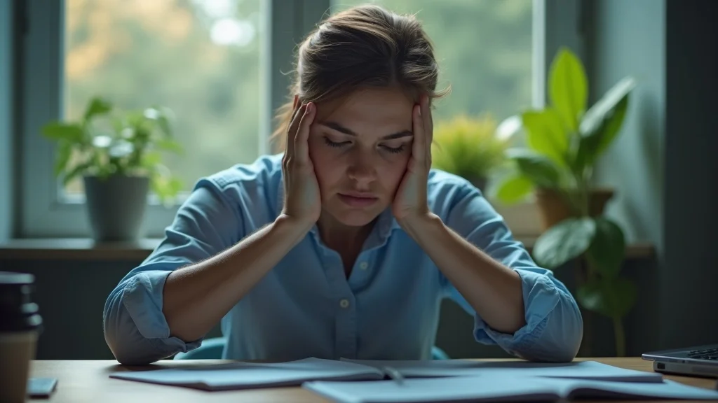 Office worker feeling stressed at desk, faint energy lines visualized to illustrate how modern stress impacts the human body's energy system