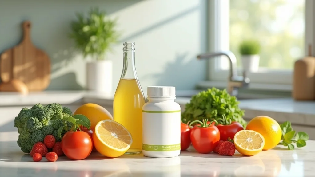 Clean detox concept with fruits, vegetables, and probiotics supplements, illustrating phase-based support for yeast, mold, and the body’s internal balance
