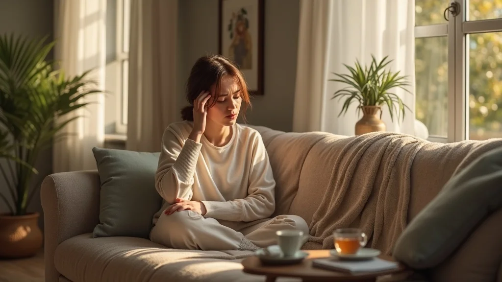 Wistful adult woman rubbing tired eyes on a cozy couch looking exhausted after trying everything, drinking herbal tea in a warmly lit living room.