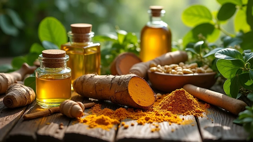 herbal remedies - Turmeric, ashwagandha, and herbal extracts, healing herbs flat lay, photorealistic, dappled sunlight