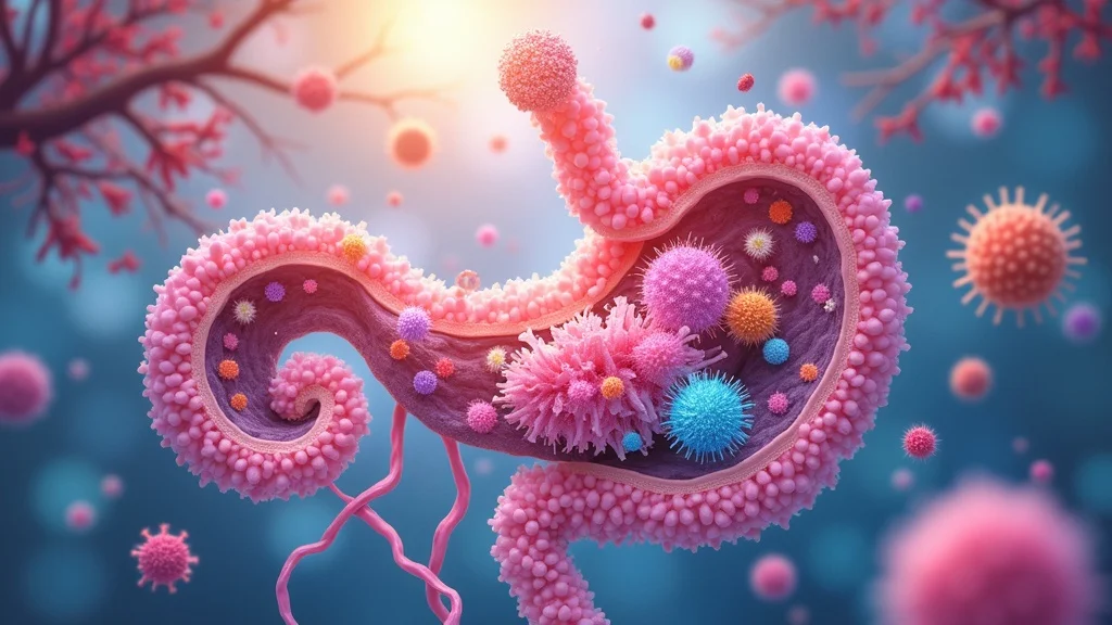 balanced gut flora, body’s self-healing intelligence, immune system, gut health, vibrant microbiome, photorealistic illustration