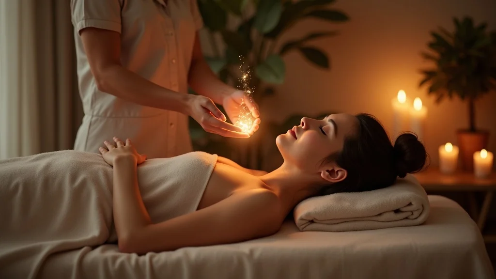 Energy healing session for the human body’s energy system, showing practitioner’s hands hovering over client, gentle energy waves visualized in a peaceful studio.