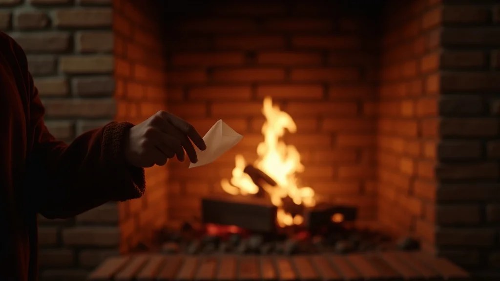 Hand placing page into fireplace, ritual of burning journal entry for emotional release, warm fire, sense of letting go, rustic cozy living room.