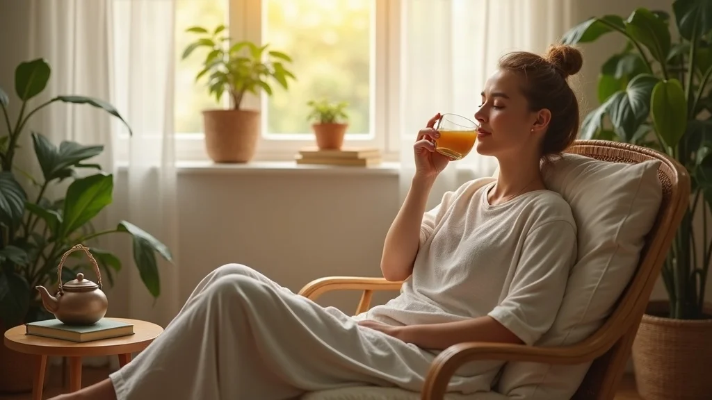 Serene holistic wellness scene with a person sipping herbal tea, reflecting holistic care for yeast, mold, and the body's internal balance