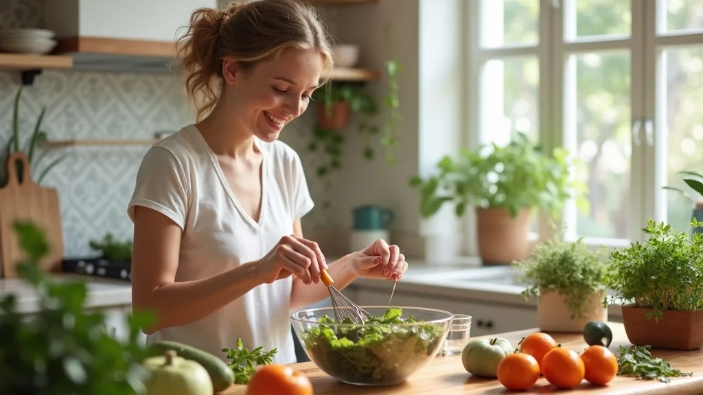 Cheerful adult preparing healthy detox meal in a sunlit kitchen, showing natural foods that support the liver and kidneys.