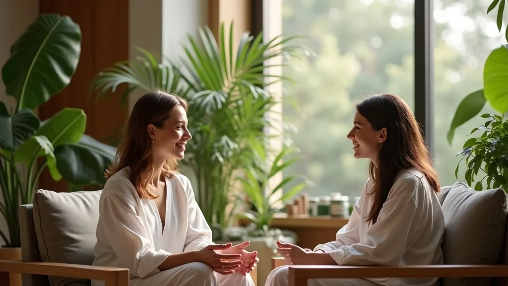 holistic clinic, practitioner guiding client, natural wellness, self-healing intelligence, modern healing space, peaceful and supportive