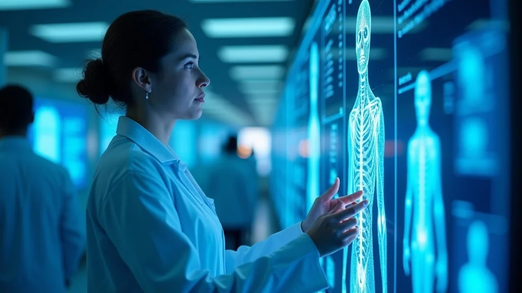 Scientist examining body scan with energy field graphics, researching the human body's energy system in a modern laboratory setting