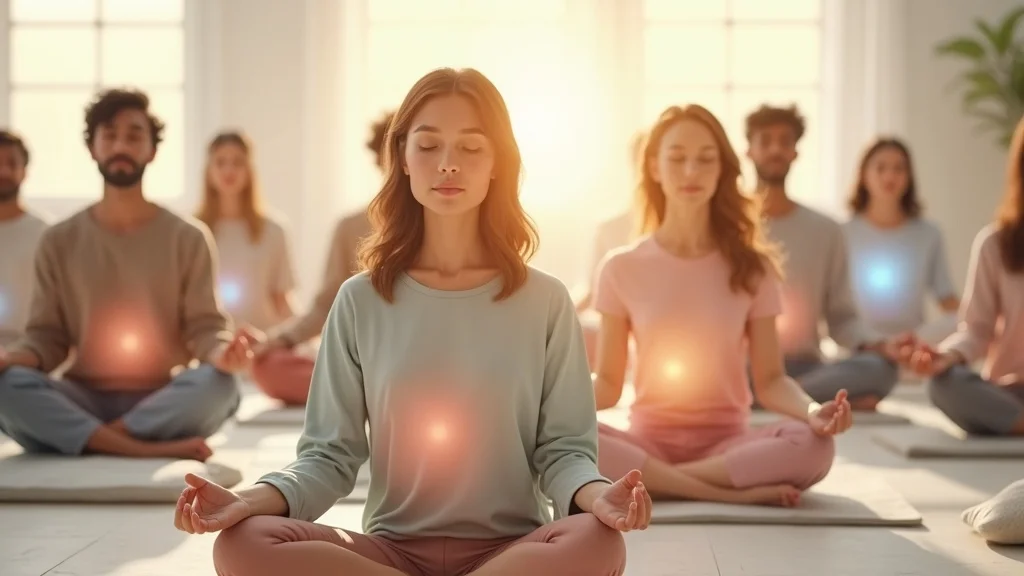 Diverse group meditating, subtle auras and gentle energetic presence illustrating the communal experience of the body’s energy system