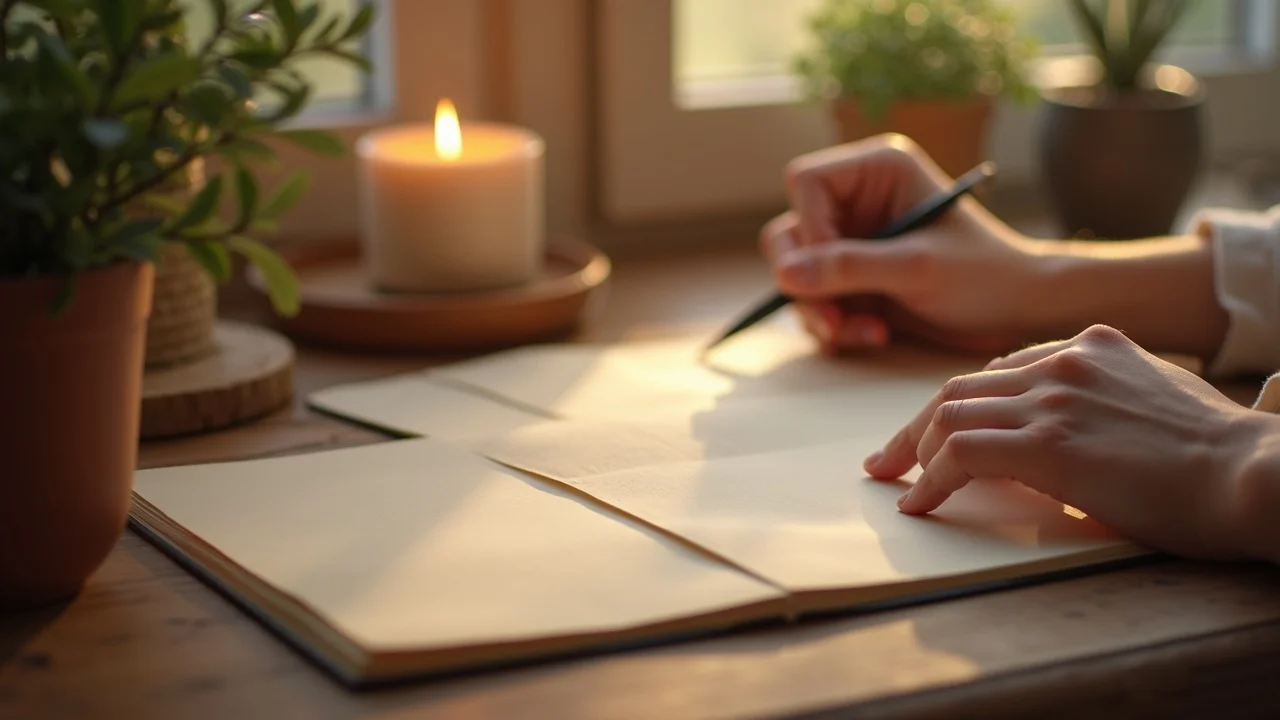 Warm inviting workspace with open journal and pen for emotional release journaling, peaceful cozy home setting, hands resting by journal, candle lit, mug steaming, houseplants, soft morning sunlight, high depth of field.