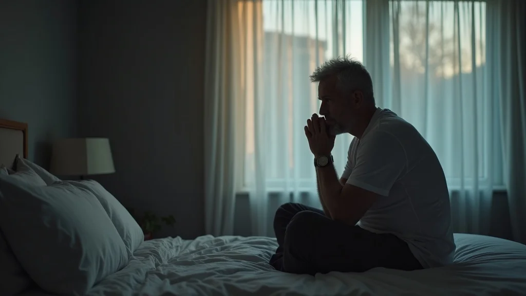 Reflective middle-aged man showing signs and symptoms linked to emotional healing and trauma in softly lit room.