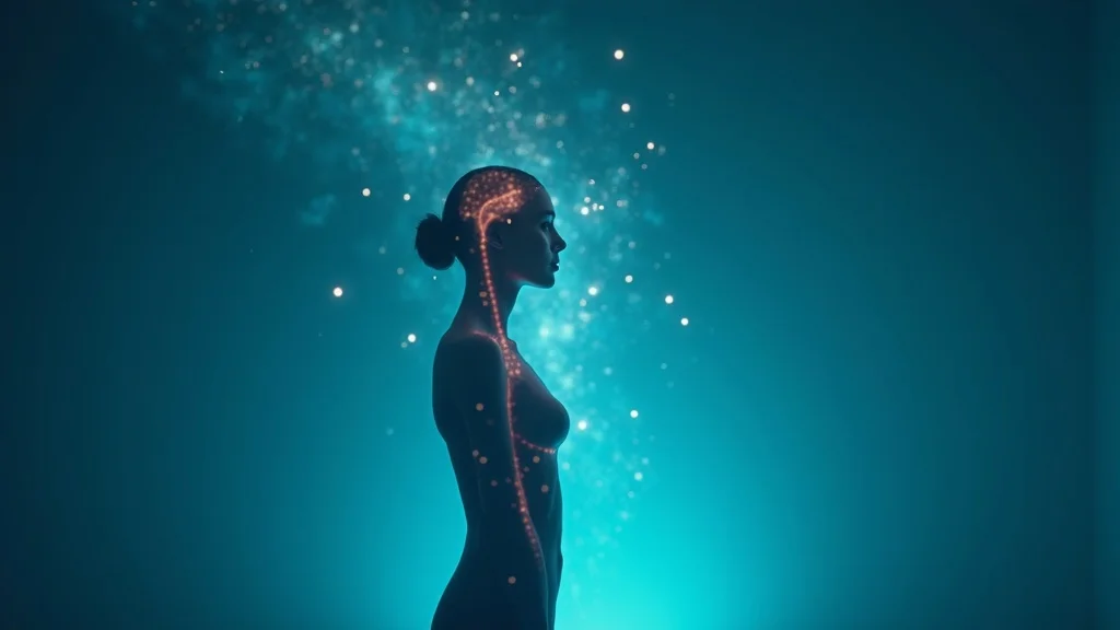 Dynamic human silhouette with visible heart-brain electromagnetic fields, bioelectrical activity, and subtle energy waves illustrating the body's energy system
