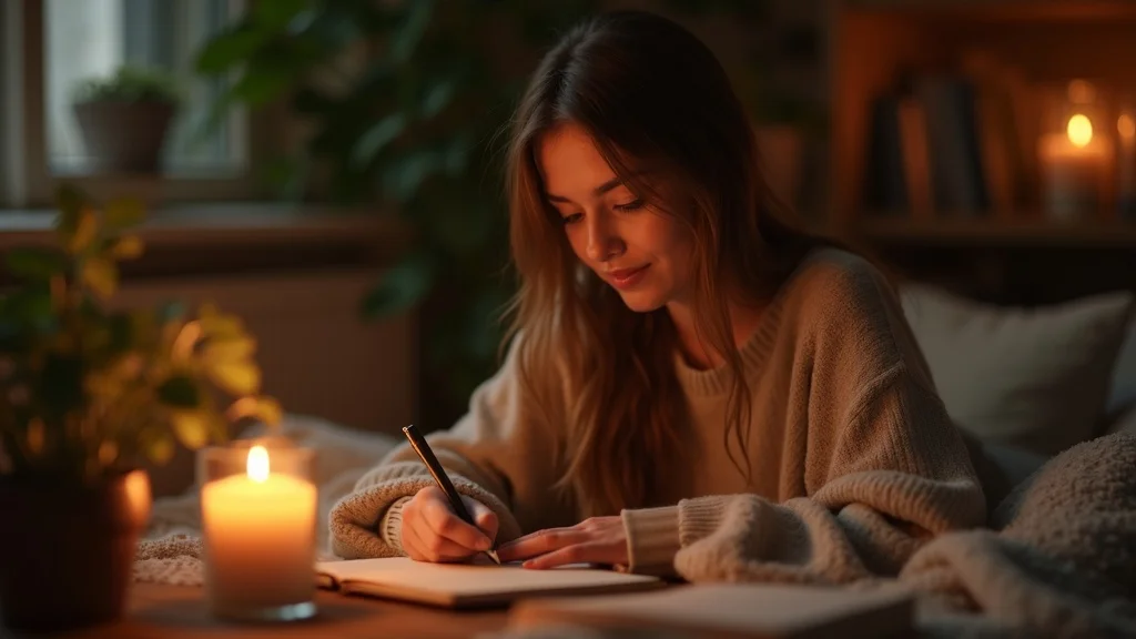 Woman journaling beside a lit candle, illustrating transformation through emotional healing stages.