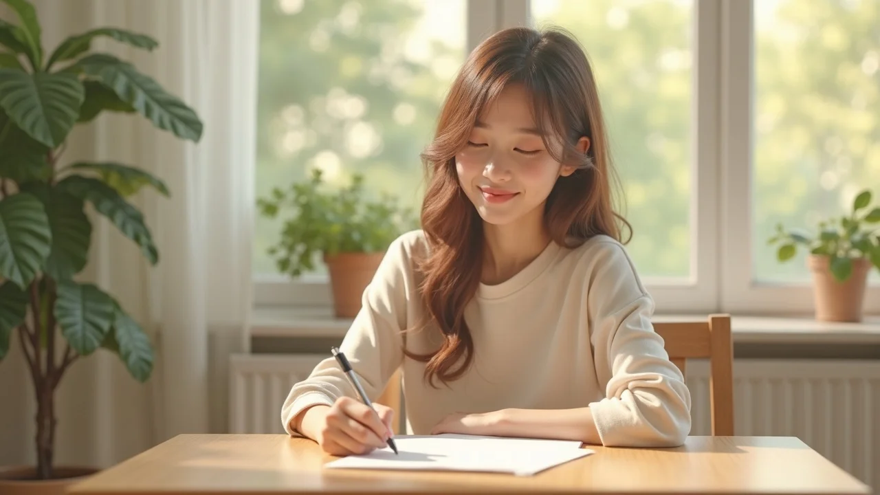 Reflective adult journaling for mental health, soft sunlit room, leafy garden outside, calm mood, high detail, emotional release in mental health practice.