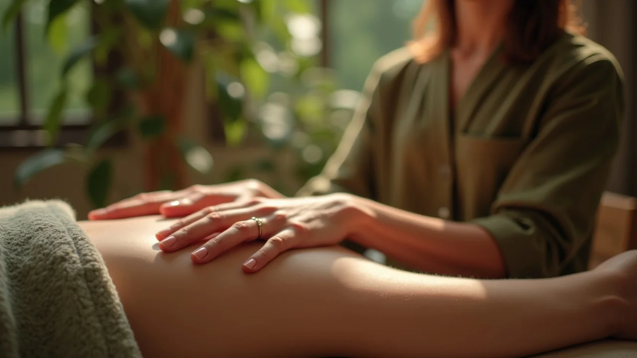 Practitioner gently placing hands near client's shoulders in an energy healing session demonstrating the body’s energy system through gentle energy flow