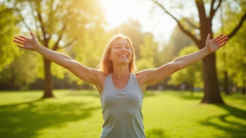Joyful adult stretching outdoors in bright sunlight, expressing renewed energy and clarity after addressing persistent tiredness.