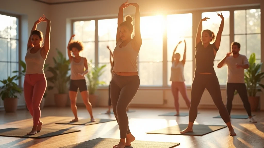 Group of diverse adults engaged in Sacred Healing Movement, demonstrating the power of movement for emotional healing in a serene studio.