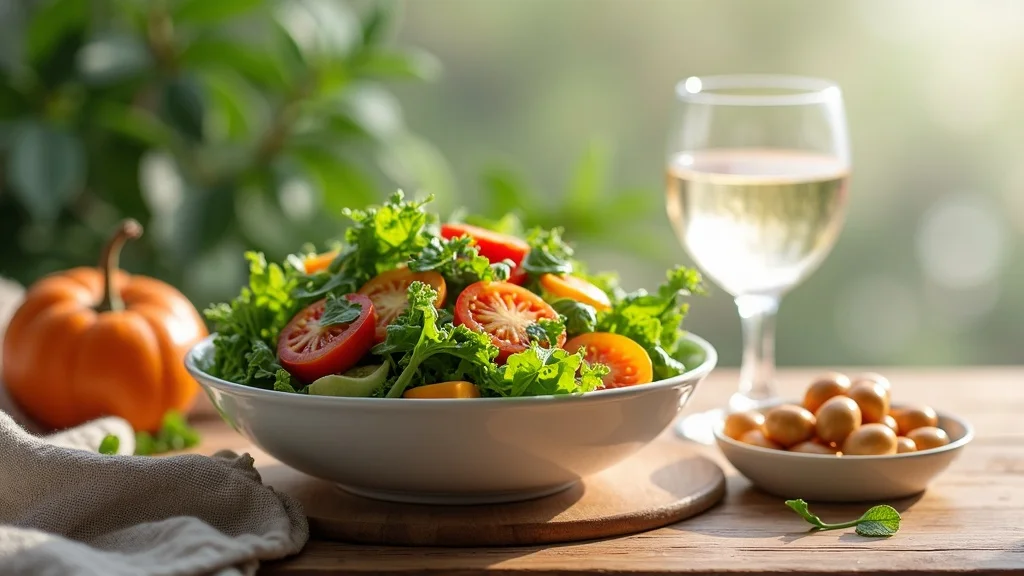Fresh salad with leafy greens and a dish of probiotics capsules, signifying dietary and gut support for yeast, mold, and the body’s internal balance